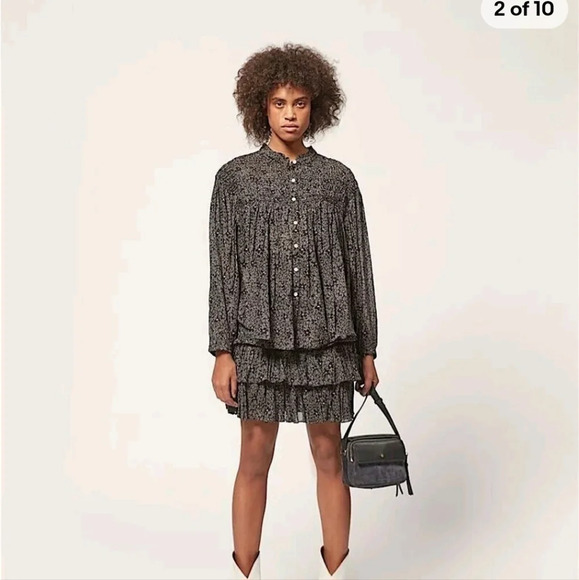 Isabel Marant Etoile Lalia Floral Pintuck Boho Prairie Blouse Black Size 40 - Picture 2 of 16